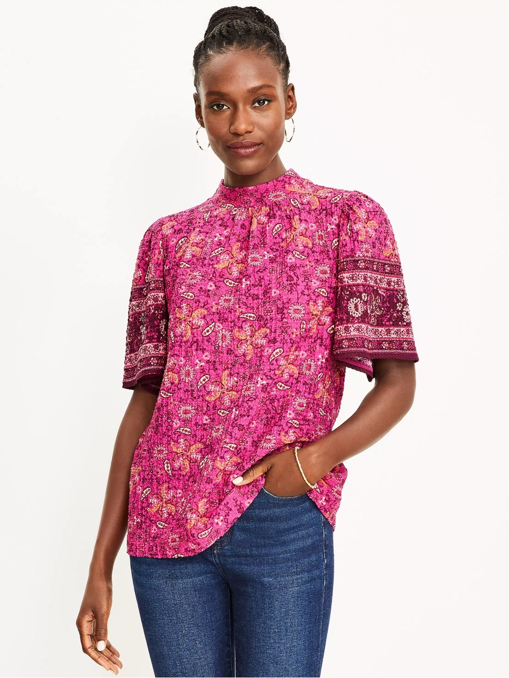 Loft vibrant pink summer paisley floral crinkle bohemian mock neck top size XS